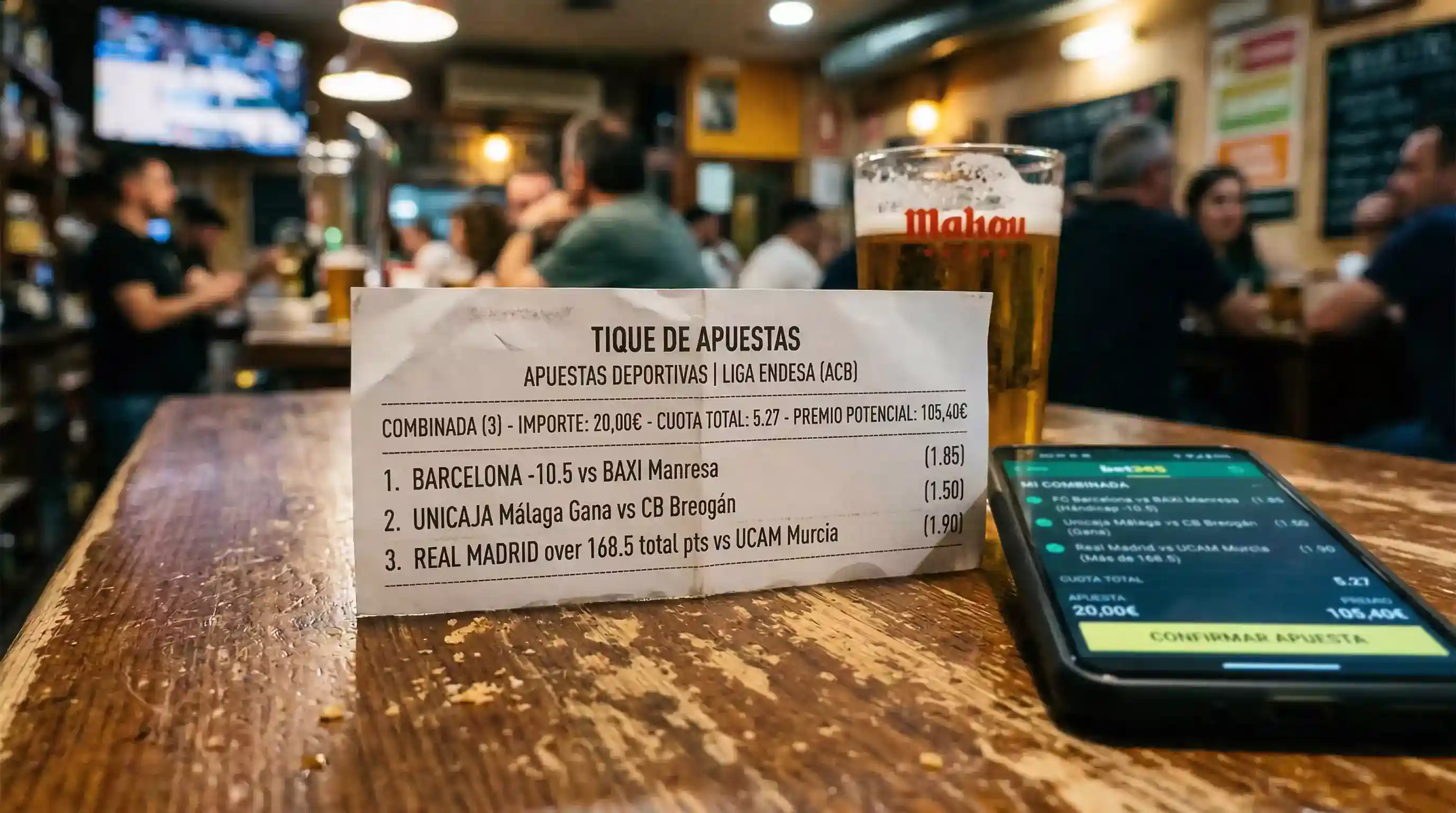 Boleto de apuesta combinada con varios partidos de la Liga ACB seleccionados