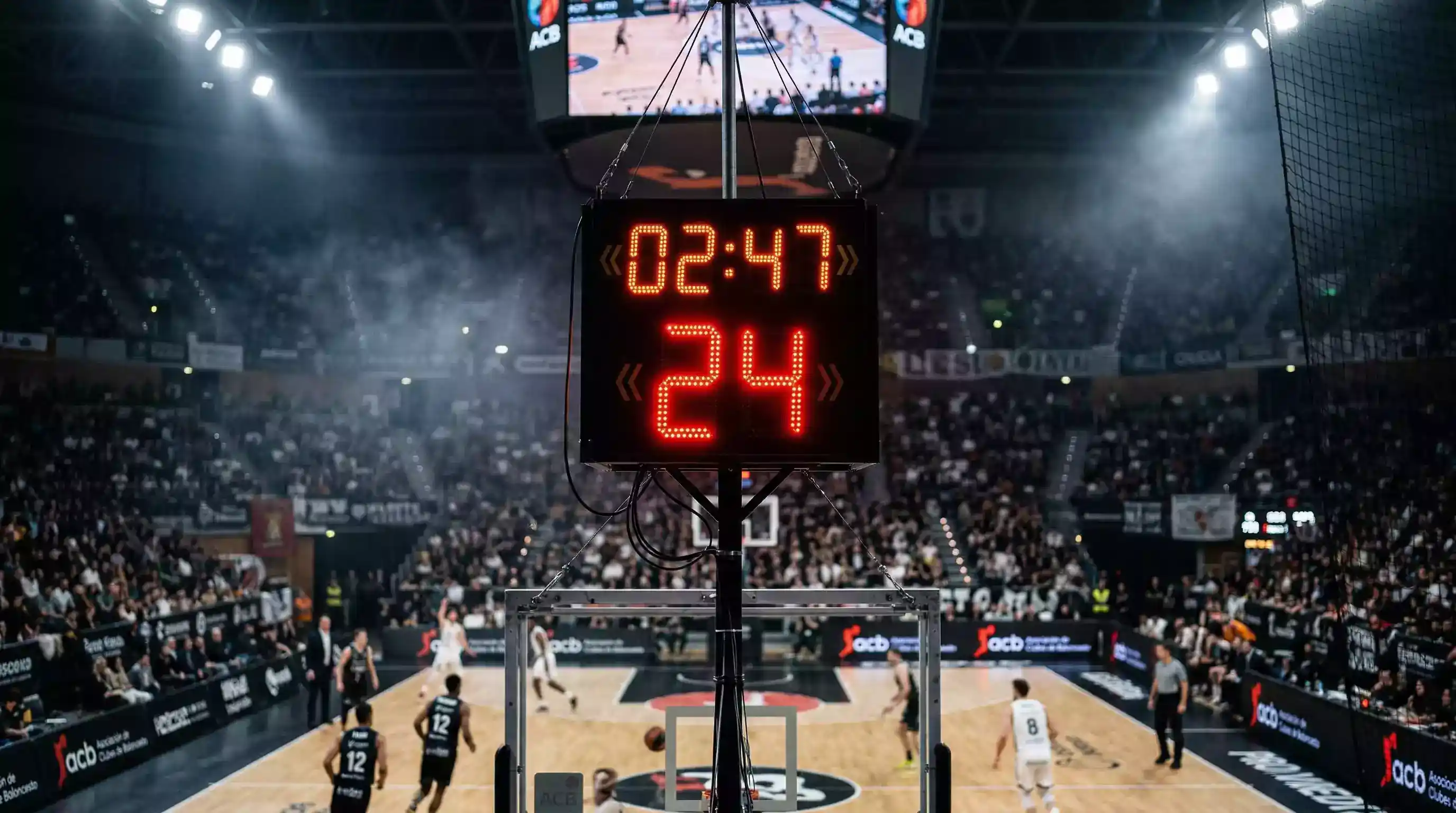 Reloj del marcador de un partido de baloncesto ACB mostrando el final de un cuarto