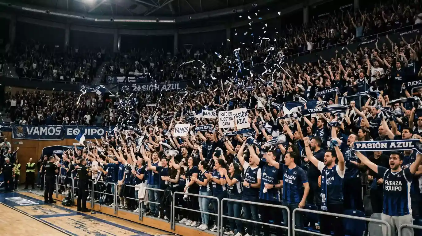 Factor cancha en apuestas ACB — afición local animando de pie en un pabellón de baloncesto español