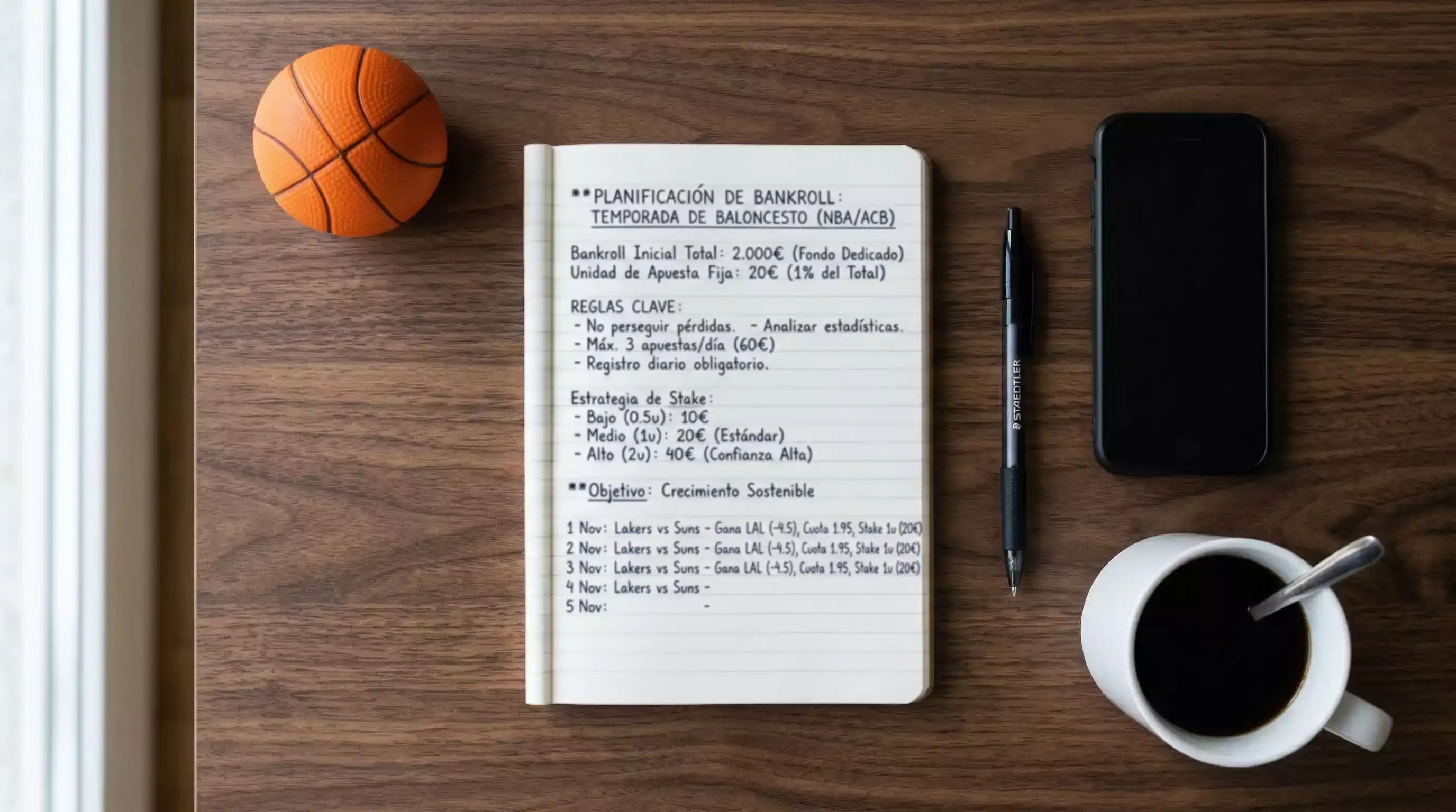 Persona planificando su presupuesto de apuestas de baloncesto con un bloc de notas