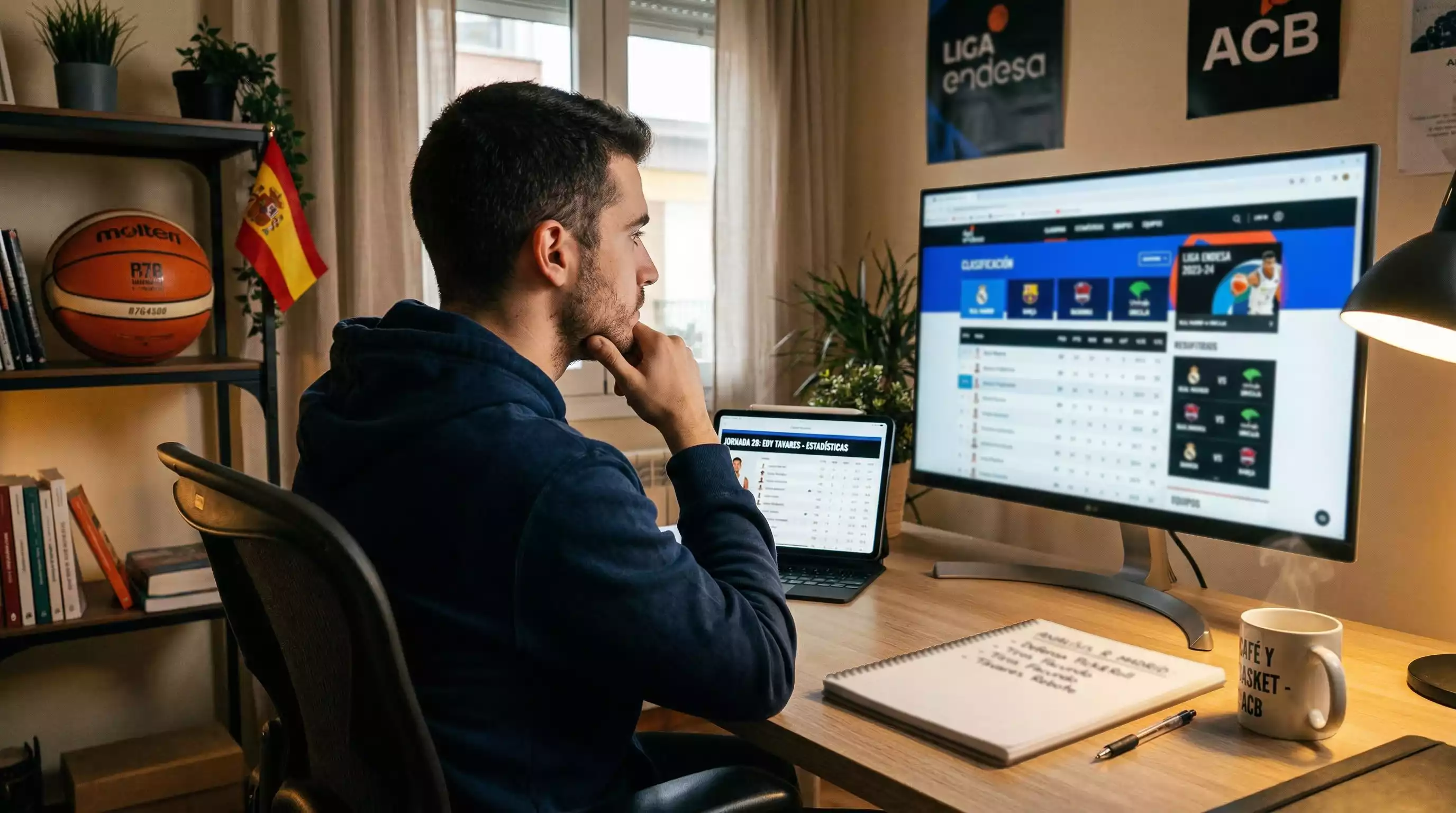 Aficionado analizando un partido de la Liga ACB con estadísticas en la pantalla
