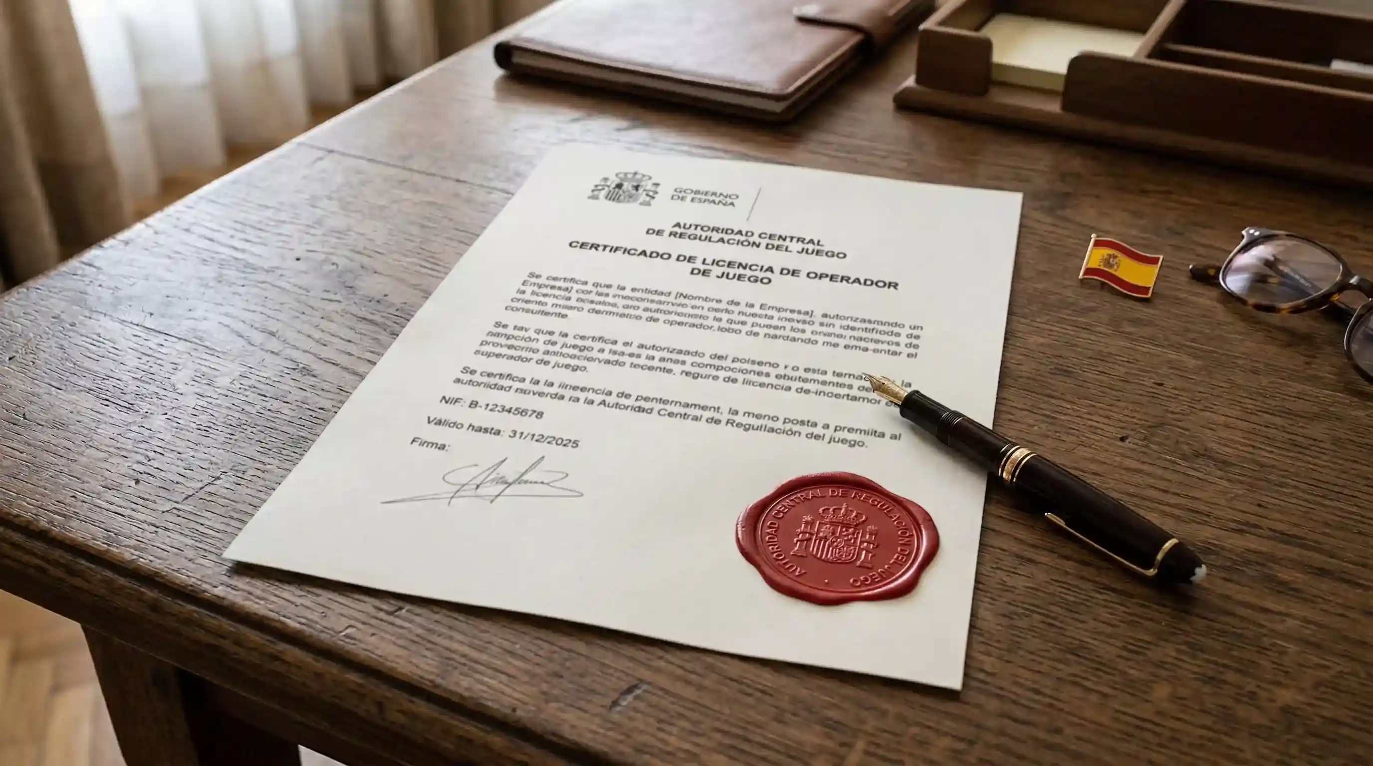Sistema SIGMA DGOJ — documento oficial con sello de la Dirección General de Ordenación del Juego sobre un escritorio